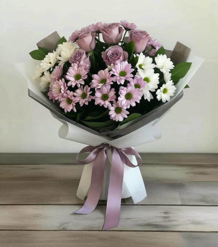 Букет цветов из: Хризантемы и Розы в Новощапово