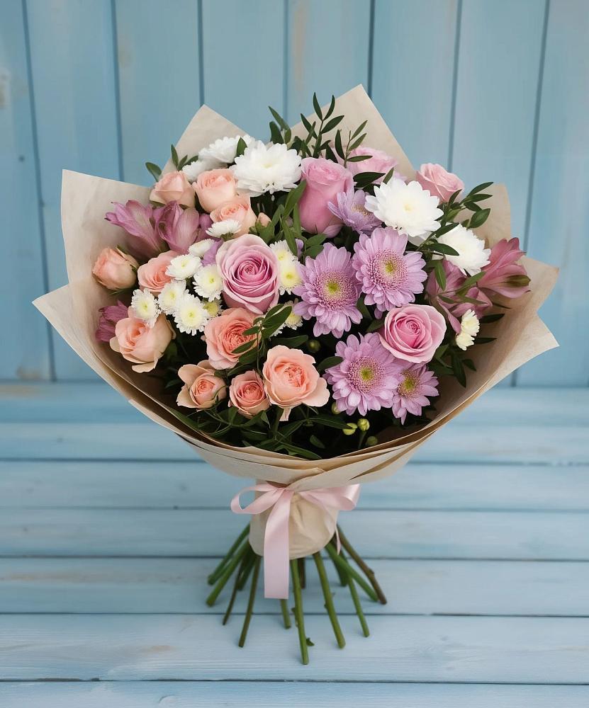 Букет цветов из: Хризантемы, Розы и Альстромерии в Новощапово