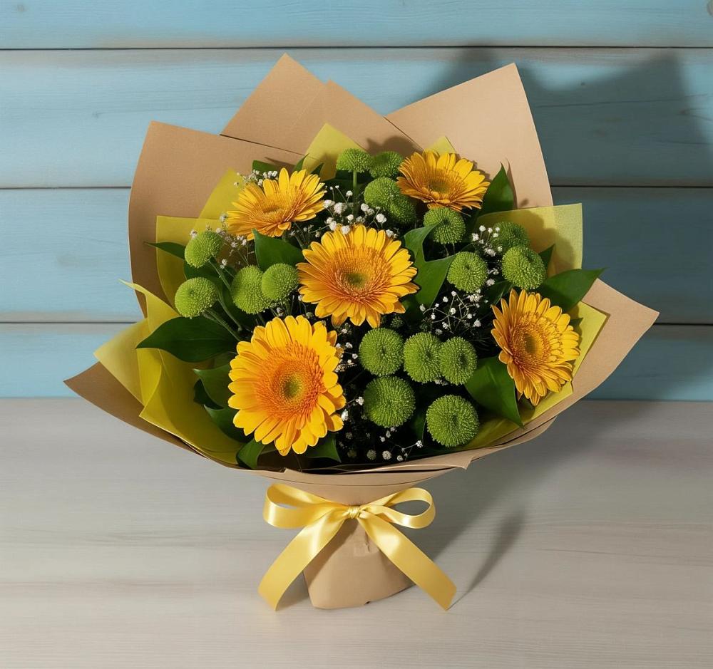 Букет цветов из: Герберы и Хризантемы в Новощапово