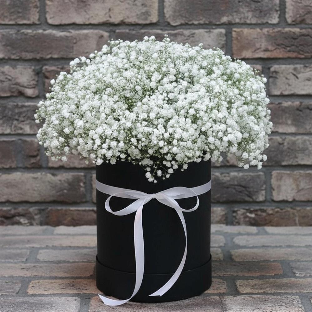 Цветочная композиция из Гипсофила в шляпной коробке в Новощапово