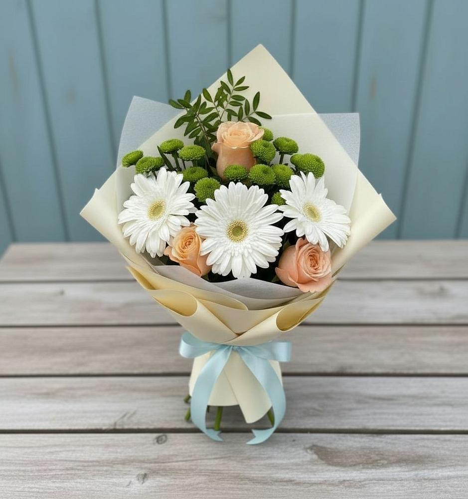 Букет цветов из: Герберы, Розы и Хризантемы в Новощапово